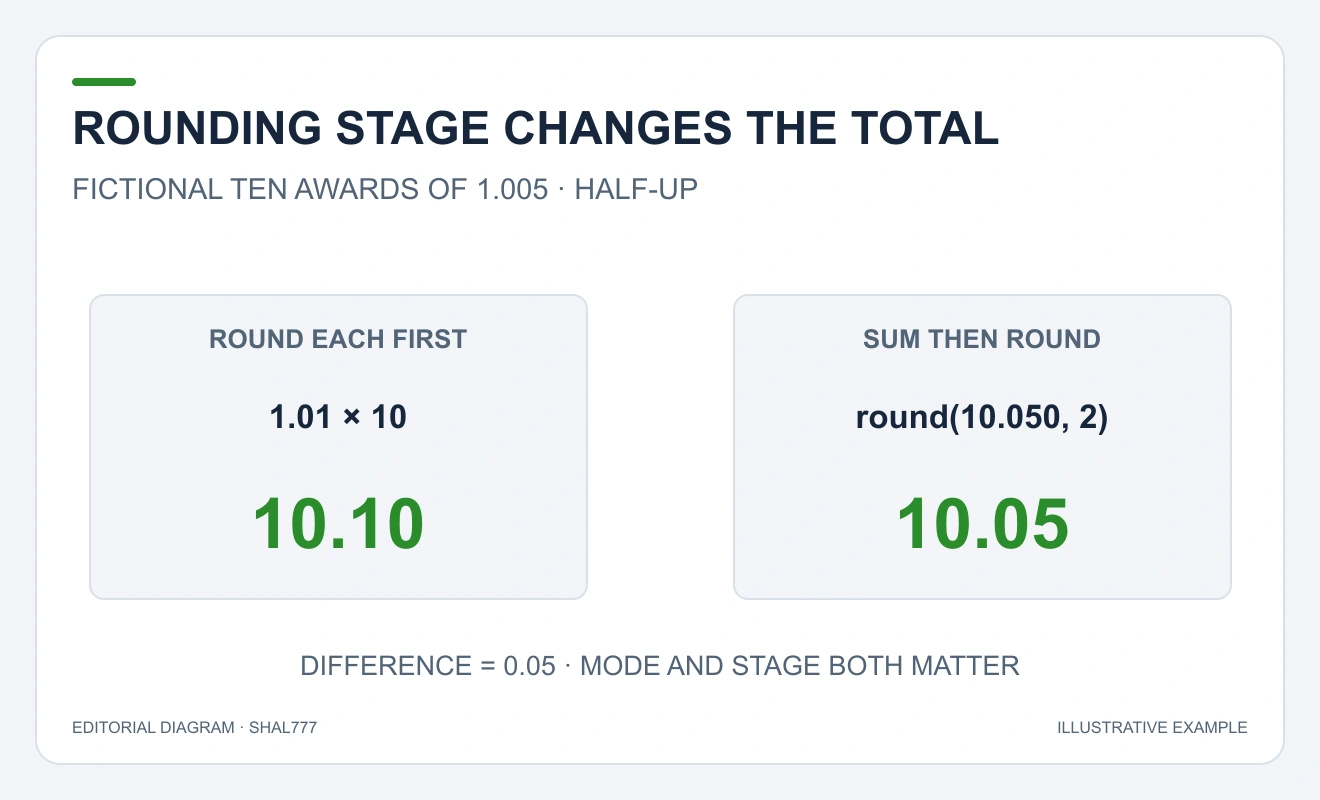 Ten rawawards1.005: roundeachfirst1.01times10=10.10, sumfirst10.050roundsto10.05.